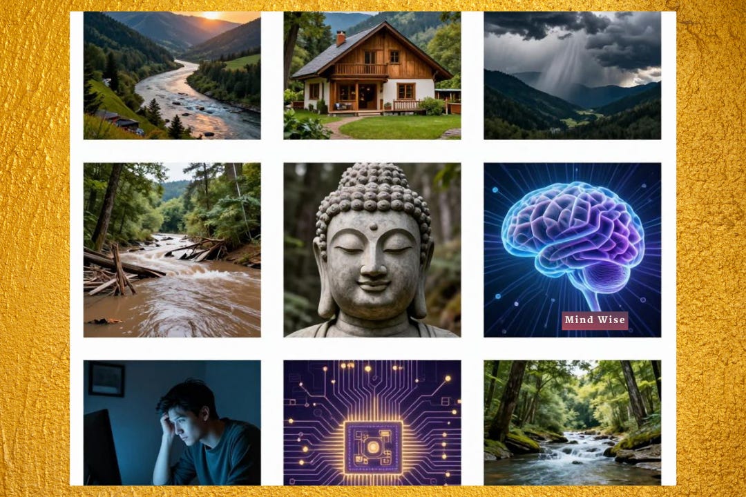 Collage of nine pictures of a scenic mountain scene with brewing store, a peaceful cottage and flowing river before the storm, destructive raging river, a smiling Buddha statue, a graphic of the brain and its neural networks, a young man absorbed looking a computer screen.