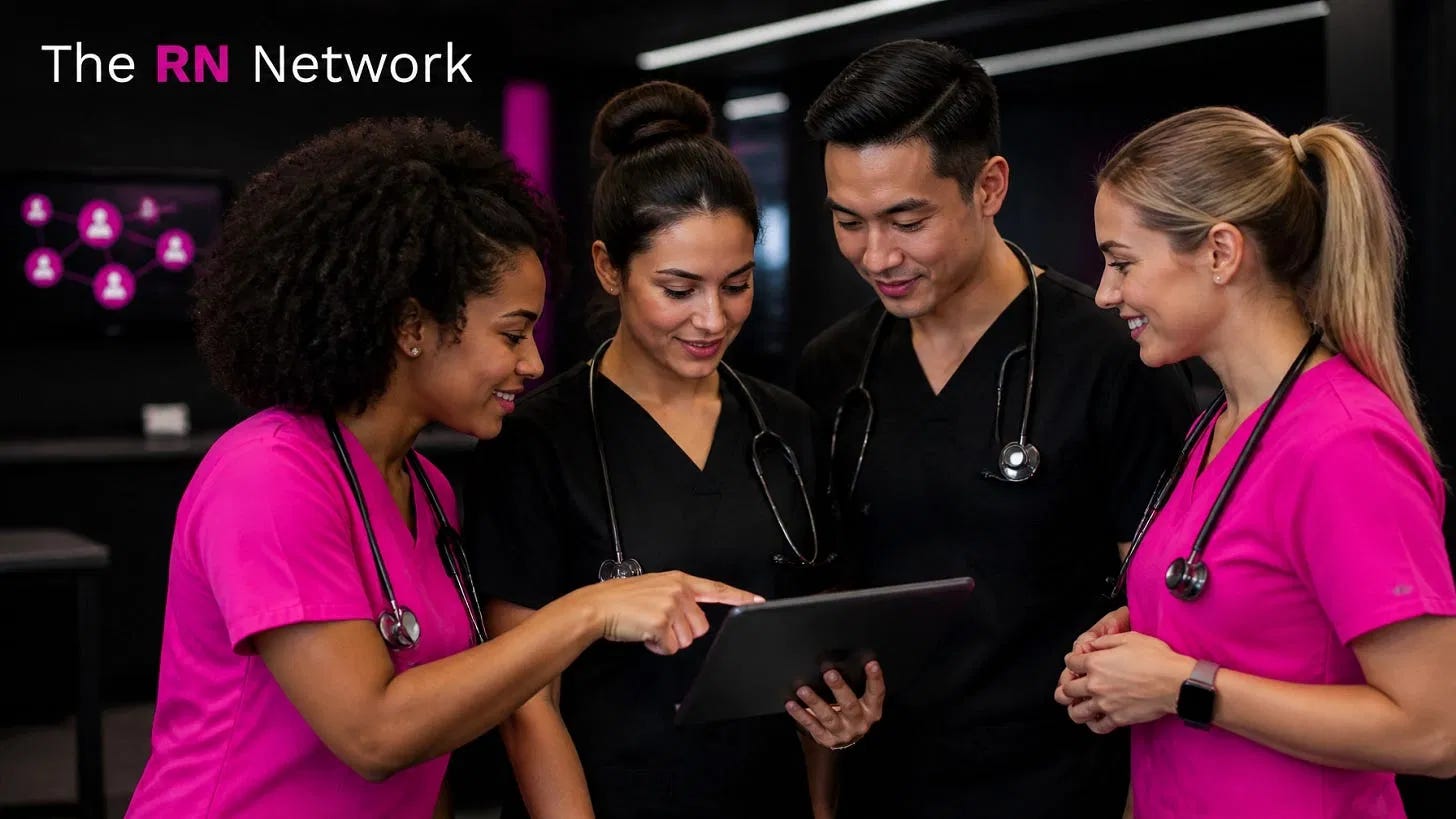 Nurses in black and magenta scrubs collaborating around a tablet Nurses in black and magenta scrubs collaborating around a tablet