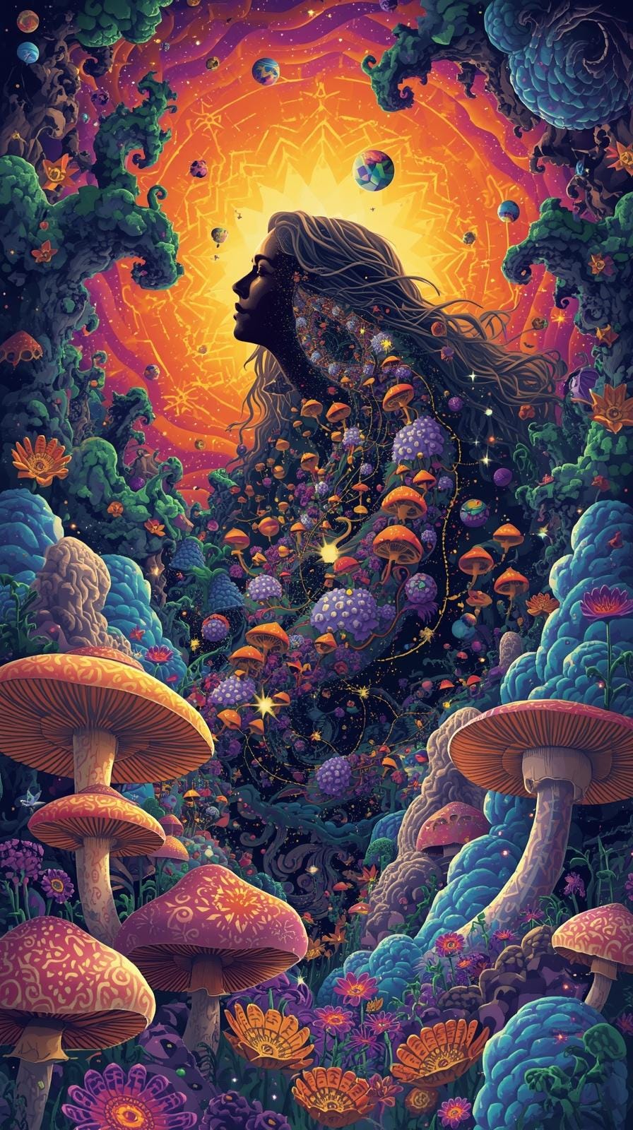 A human figure rendered in profile against a brilliant golden-orange mandala-like geometric pattern surrounded by a psychedelic landscape of colorful fungi, cosmic forms, and flowing organic shapes in purples, greens, and blues, with the figure's interior space filled with the same vibrant, detailed imagery.