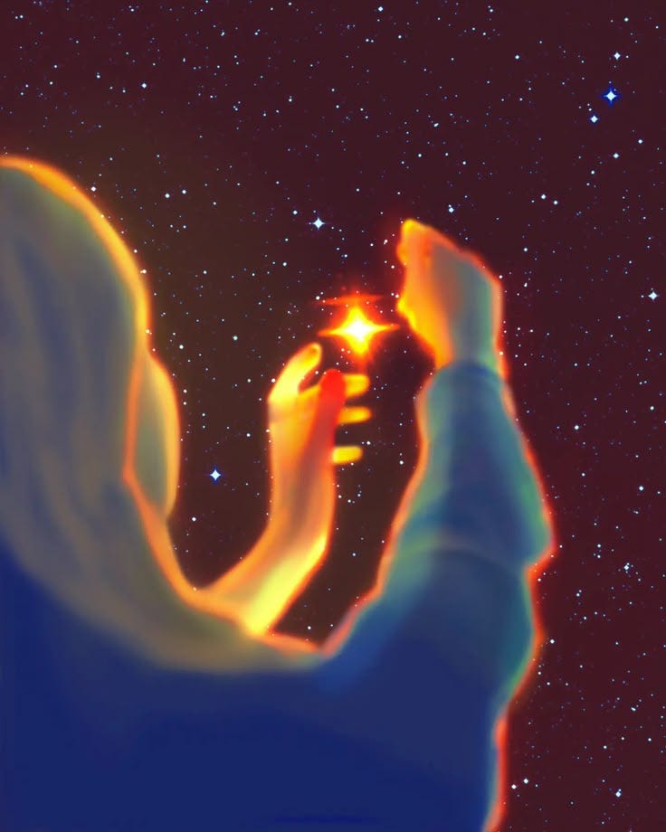 This may contain: a person holding a cell phone in their hand and looking up at the night sky