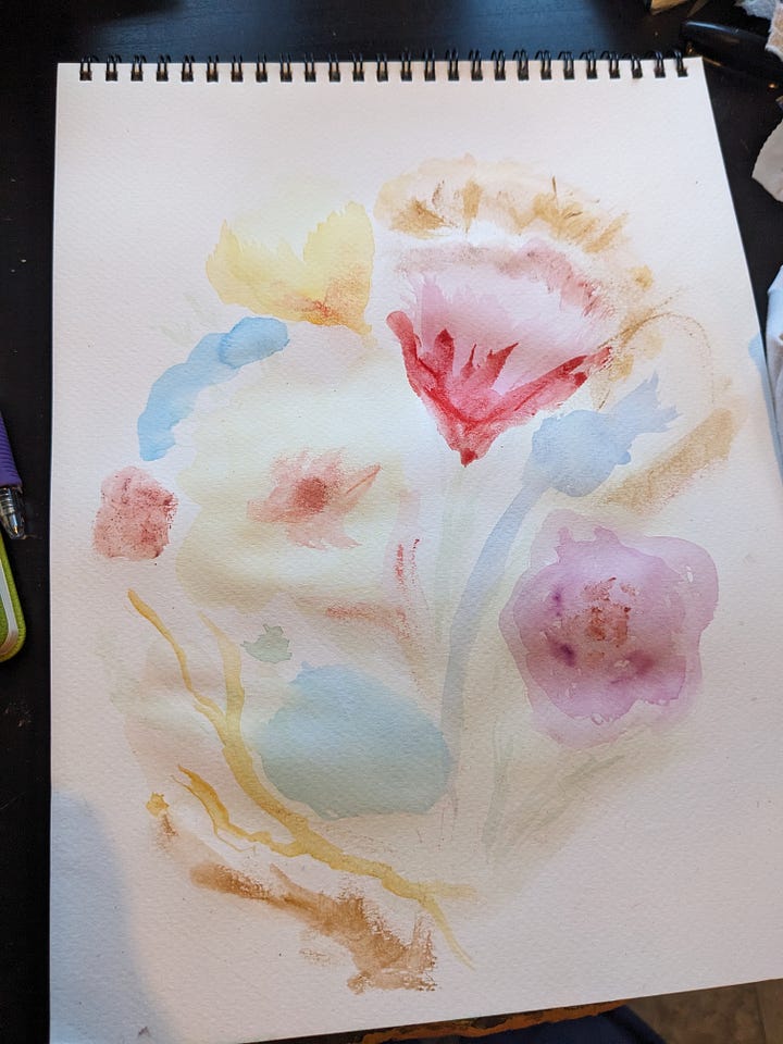 Process photos of watercolor + soft pastel flowers