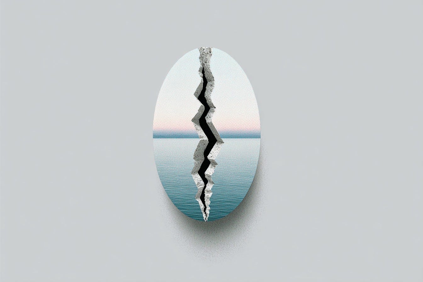 an oval stone with a scene of a river, cracked in two an oval stone with a scene of a river, cracked in two