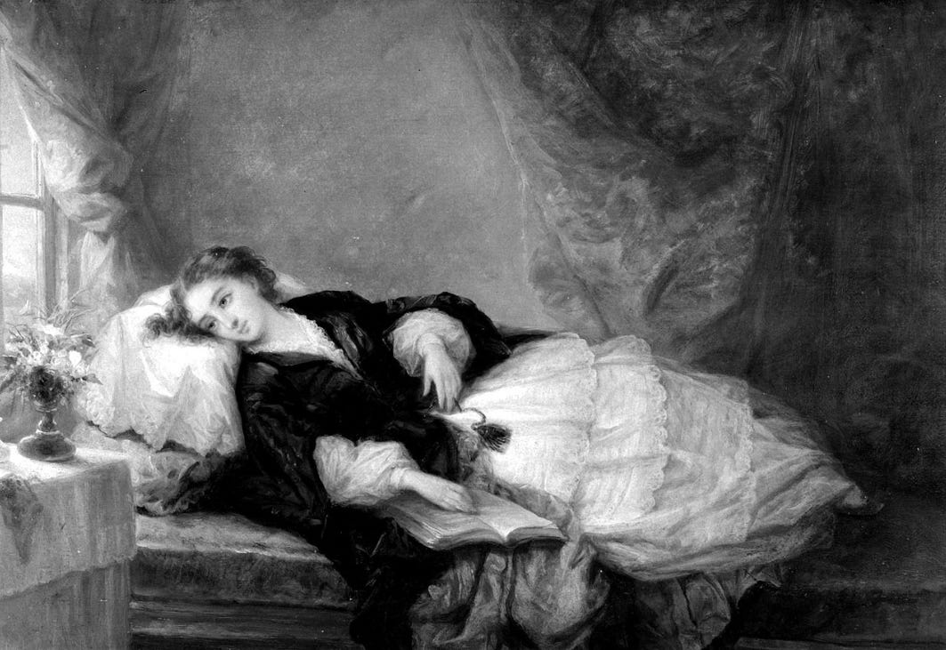 A grayscale painting of a woman lounging on a chaise, gazing out a window. She wears a luxurious gown, with delicate lace and a dark shawl. Her head rests on a pillow, and an open book lies in her lap. A small table with flowers is beside her. A grayscale painting of a woman lounging on a chaise, gazing out a window. She wears a luxurious gown, with delicate lace and a dark shawl. Her head rests on a pillow, and an open book lies in her lap. A small table with flowers is beside her.