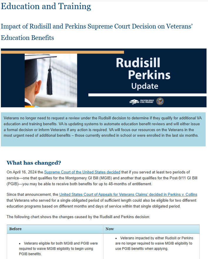 A webpage titled “Education and Training” discusses the “Impact of Rudisill and Perkins Supreme Court Decision on Veterans’ Education Benefits.” A banner shows a graduate in a cap and the headline “Rudisill Perkins Update,” alongside logos for “Education Service GI Bill Programs” and the U.S. Department of Veterans Affairs. Below, a highlighted notice explains changes to VA education benefit reviews, followed by a section “What has changed?” referencing the Supreme Court of the United States and the United States Court of Appeals for Veterans Claims, and a comparison table labeled “Before” and “Now.”