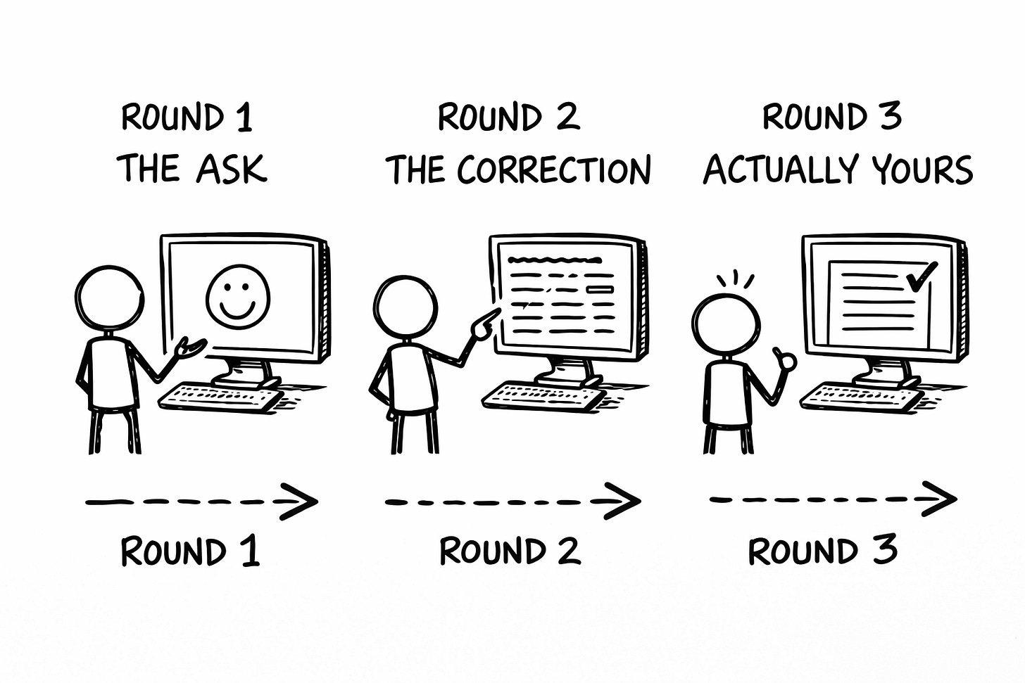 Three-panel hand-drawn diagram showing the AI correction conversation workflow: Round 1 The Ask shows a stick figure talking to a computer displaying generic output, Round 2 The Correction shows the figure pointing at specific text on screen, Round 3 Actually Yours shows the figure giving a thumbs up to a polished document with a checkmark. Three-panel hand-drawn diagram showing the AI correction conversation workflow: Round 1 The Ask shows a stick figure talking to a computer displaying generic output, Round 2 The Correction shows the figure pointing at specific text on screen, Round 3 Actually Yours shows the figure giving a thumbs up to a polished document with a checkmark.