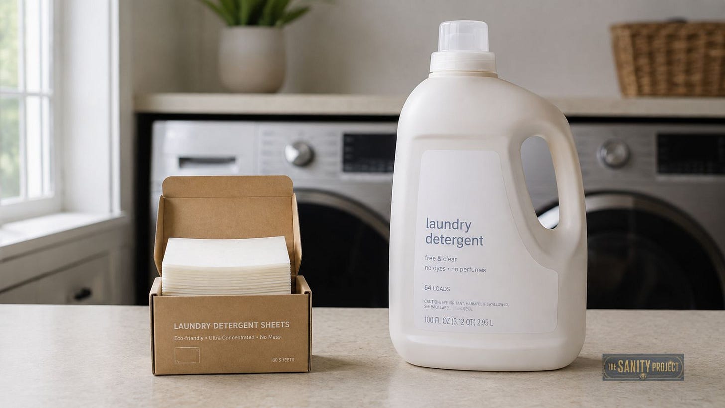 Canadian laundry detergent sheets in cardboard packaging next to a plastic liquid detergent jug.