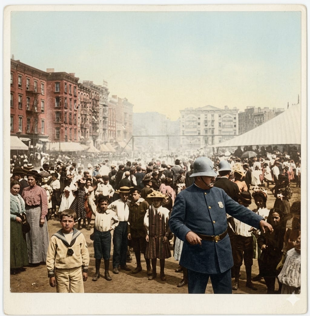 A police officer directs a large crowd of men, women, and children at an outdoor city event, with playgrounds, tents, and buildings visible in the background. A police officer directs a large crowd of men, women, and children at an outdoor city event, with playgrounds, tents, and buildings visible in the background.