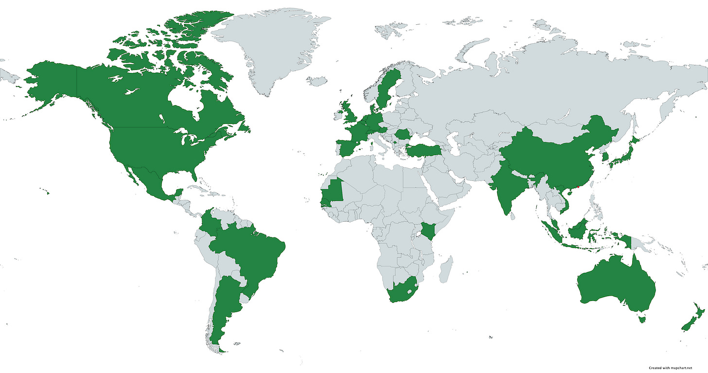 A world map with several countries in green, including Canada, the United States, Brazil, several in Europe, various African nations, Saudi Arabia, India, China, Japan, Australia, and several Southeast Asian countries. Other countries are shaded in gray.