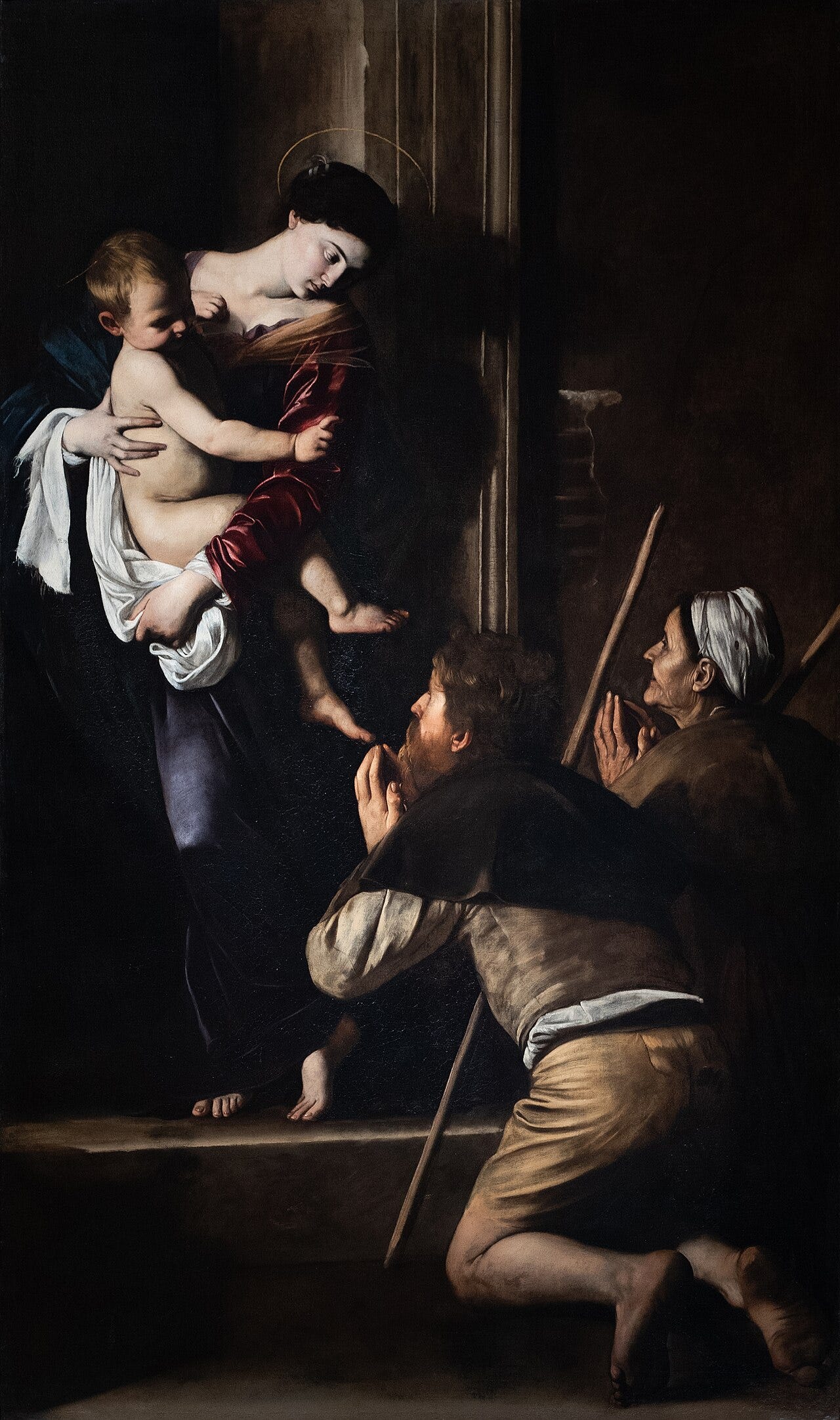Caravaggio's Madonna di Loreto, pilgrims kneeling with a cracked bare foot in the foreground Caravaggio's Madonna di Loreto, pilgrims kneeling with a cracked bare foot in the foreground