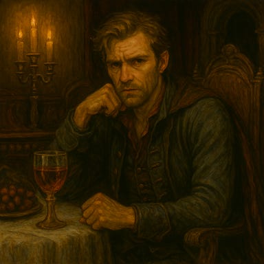 Create an image of Greegan seated in the dining hall of Castle Ravenloft, using a visual palette reminiscent of Matt Ryan without referencing him directly. Greegan has lean, angular features with high cheekbones, a sharp nose, and deep-set eyes that flicker with calculation. His tousled blond hair falls just past his ears, and he has a shadow of stubble along his jaw. He wears a long, dark coat with hidden pockets, layered over rogue’s leathers in storm-gray and faded indigo, with brass buckles and a worn leather belt. His posture is coiled and alert, one hand near a dagger, the other resting on the table beside a goblet of wine. Candlelight flickers across velvet runners and silver cutlery. The organ looms in the background, casting long shadows. Greegan’s expression is wary, sardonic, and quietly defiant.