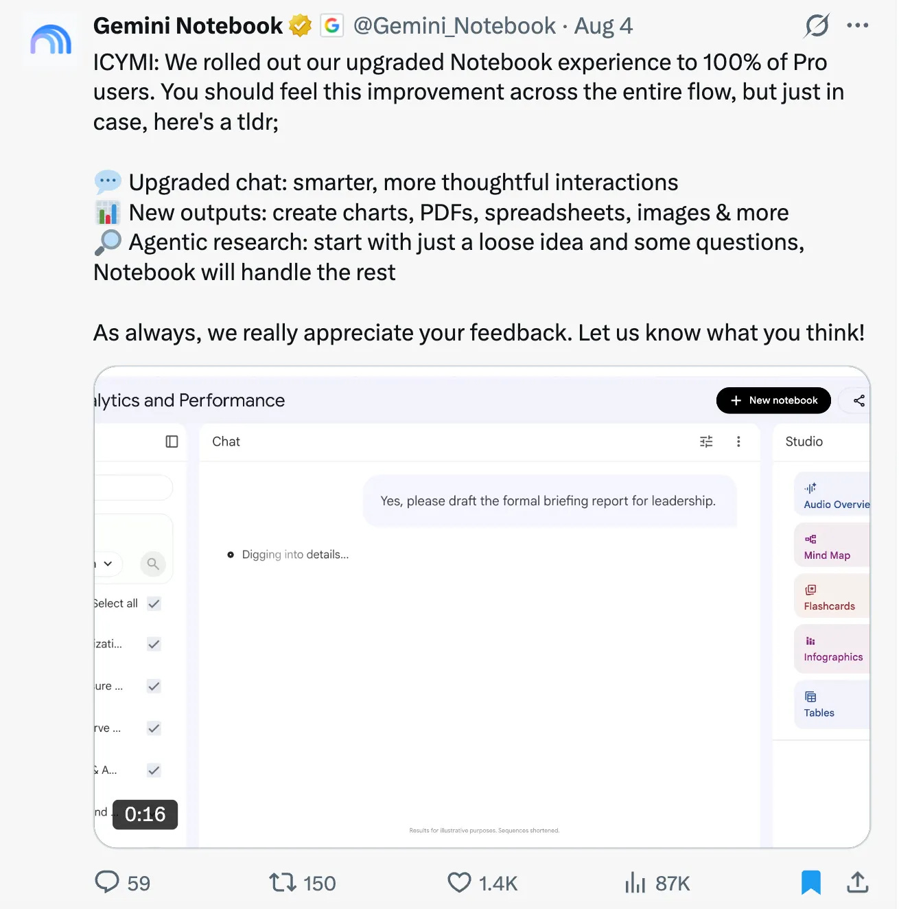 Gemini Notebook post announcing the upgraded notebook experience rolled out to 100 percent of Pro users on August 4 Gemini Notebook post announcing the upgraded notebook experience rolled out to 100 percent of Pro users on August 4