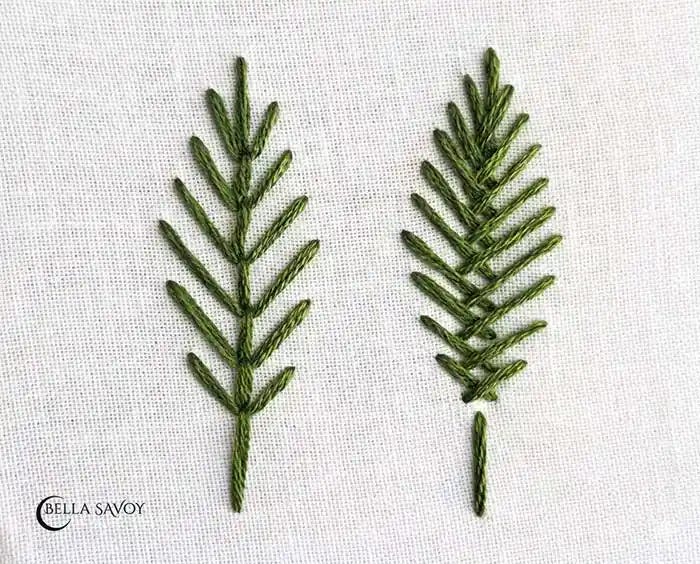 2 Open fill stitch leaves, one made with the fly stitch, the other made with the fishbone stitch