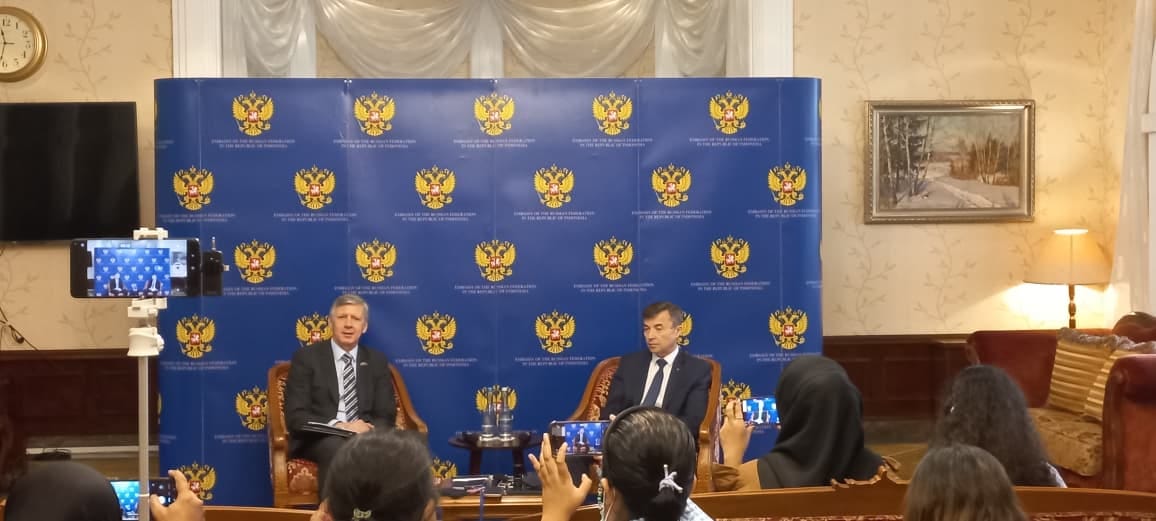 Russian Ambassador to Indonesia Sergei Tolchenov and Russian Ambassador to ASEAN Evgeny Zagaynov address journalists during a diplomatic briefing in Jakarta outlining Russia's expanding partnership with Indonesia and ASEAN.