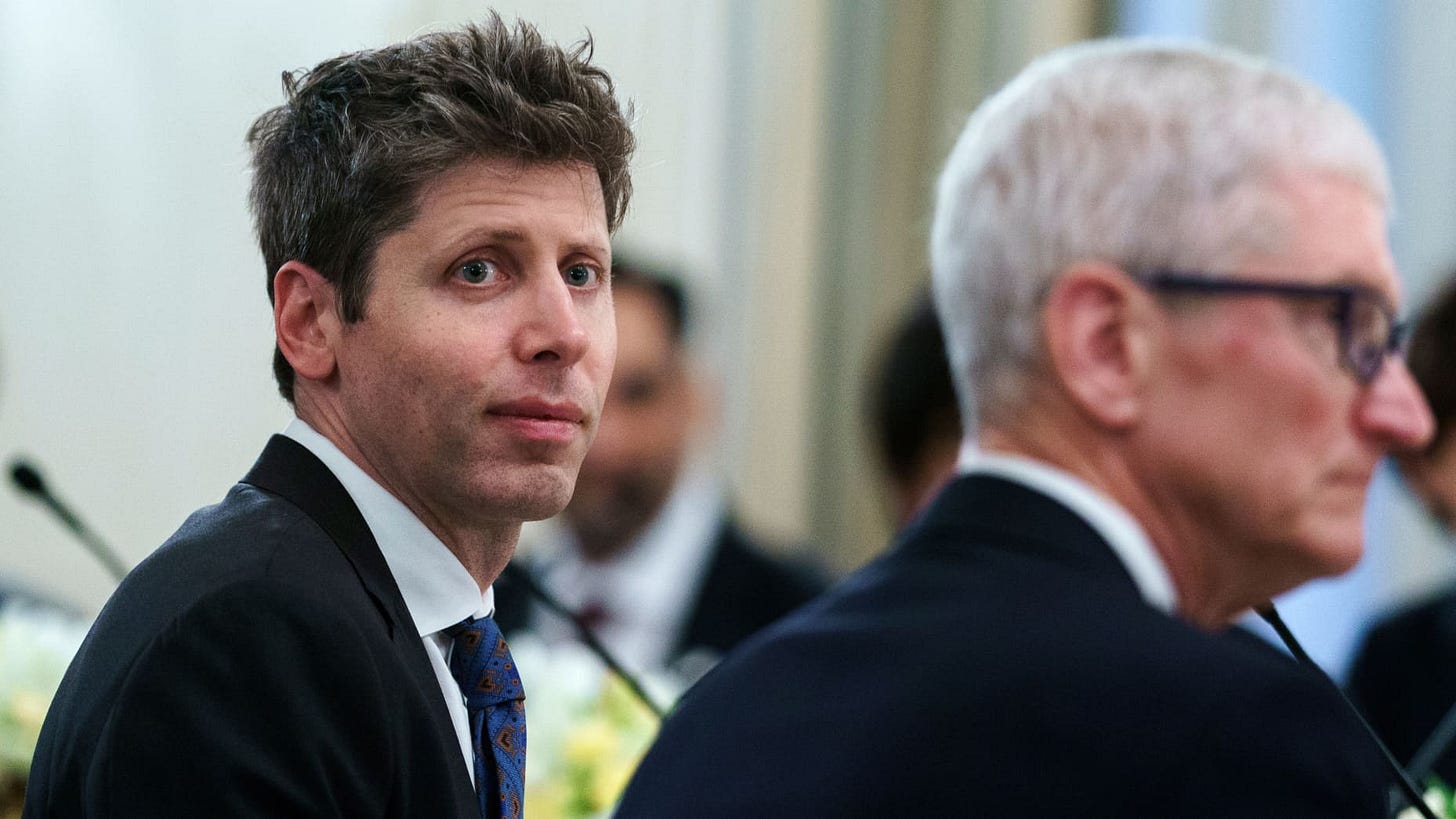 Sam Altman, chief executive officer of OpenAI Inc., left, and Tim Cook, chief executive officer of Apple Inc., during a dinner with tech leaders in the State Dining Room of the White House in Washington, DC, US, on Thursday, Sept. 4, 2025. 