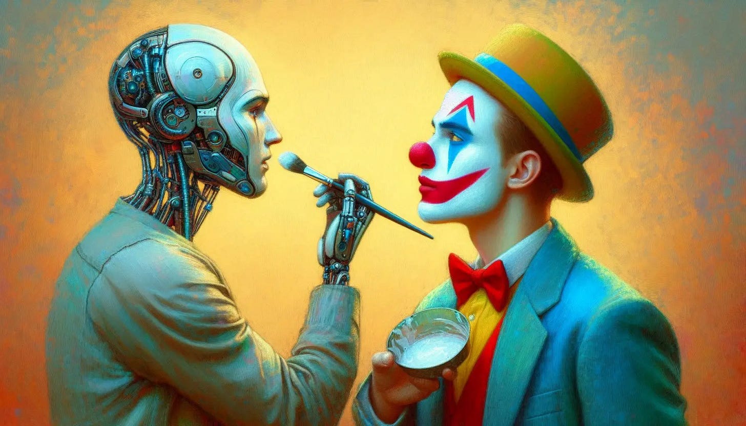 A human clown talks to a cyborg, who is closely studying the human clown. The cyborg is starting to apply white paint to its own face. Slight impressionist style.