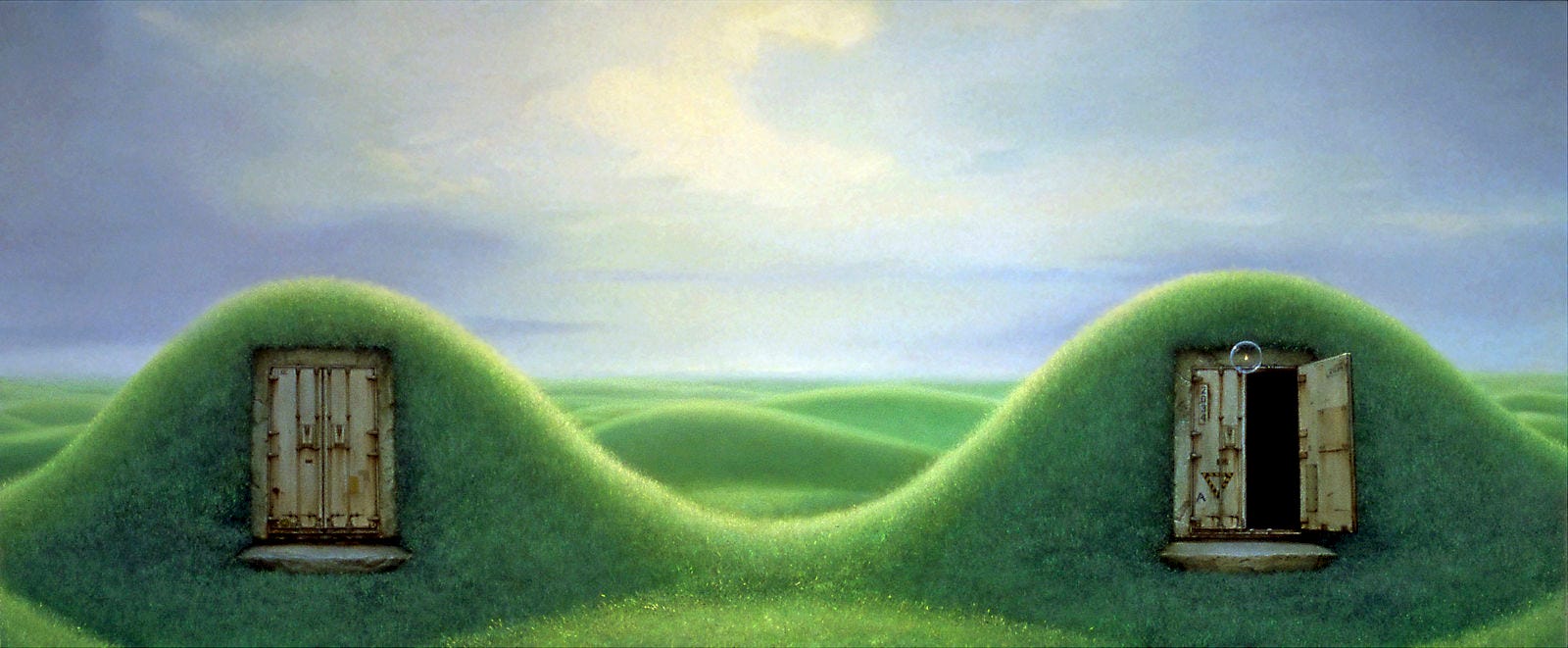 A pair of mounds rising over rolling green hills each contain a metal hatch framed in concrete. The double doors on the left are closed while one door on the right swings wide open, and a transparent sphere containing a solitary flame drifts weightless up. The hills beyond undulate to a horizon set beneath gray-blue skies. A break in the clouds casts light down the middle of the painting between the two mounds.