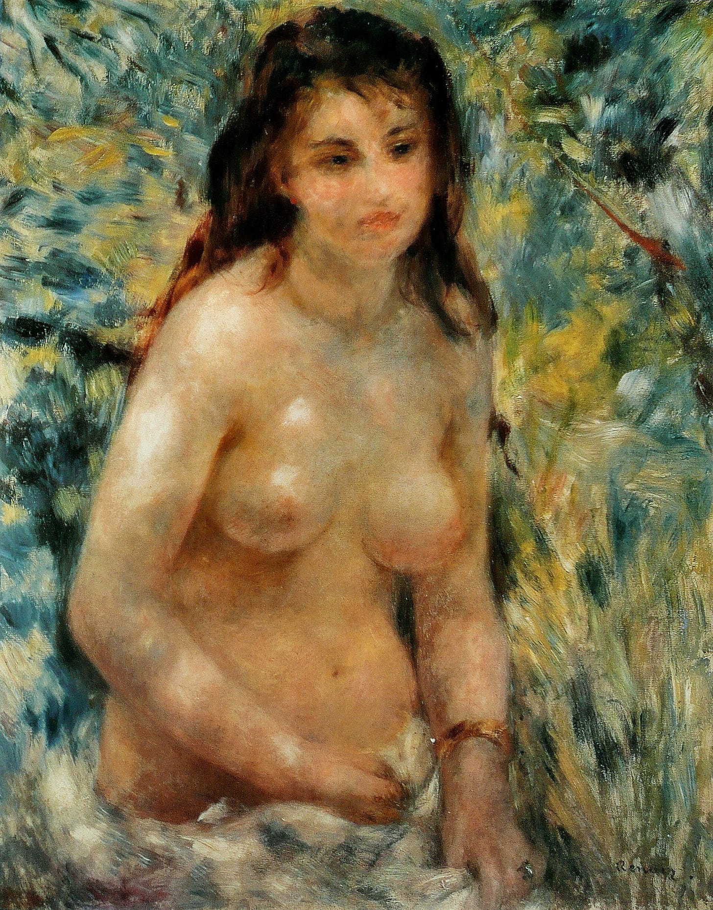 A young woman with bare shoulders and chest sits against a background of green leaves, her skin spotted with patches of blue, violet and pink light. A young woman with bare shoulders and chest sits against a background of green leaves, her skin spotted with patches of blue, violet and pink light.