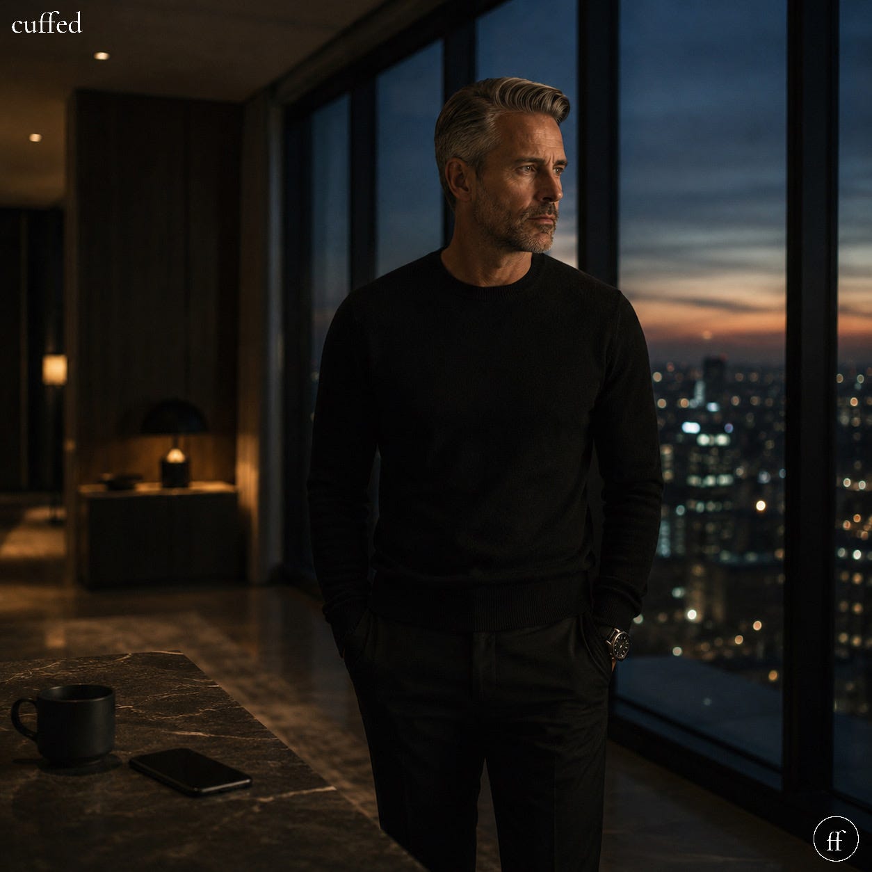 black and white image of a man standing alone in a high-rise apartment at dusk, hands in pockets, looking out floor-to-ceiling windows at a city skyline. black crewneck sweater, dark trousers, silver watch. matte black coffee mug and phone on stone table in foreground. warm amber lamp glows in background. "cuffed" in lowercase white serif top-left. fused "ff" logo bottom-right. mood: solitude, stillness, self-possession. masculine introspection quote graphic. discipline. identity. self-respect. black and white image of a man standing alone in a high-rise apartment at dusk, hands in pockets, looking out floor-to-ceiling windows at a city skyline. black crewneck sweater, dark trousers, silver watch. matte black coffee mug and phone on stone table in foreground. warm amber lamp glows in background. "cuffed" in lowercase white serif top-left. fused "ff" logo bottom-right. mood: solitude, stillness, self-possession. masculine introspection quote graphic. discipline. identity. self-respect.
