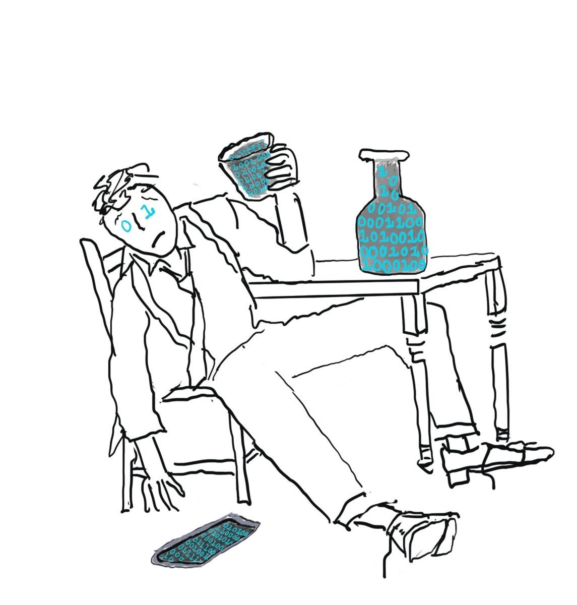 A cartoon drawing of a man drunk on data A cartoon drawing of a man drunk on data