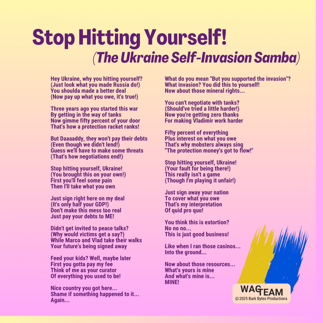 Satirical lyrics examining the absurdity of victim-blaming on a geopolitical scale. Satirical lyrics examining the absurdity of victim-blaming on a geopolitical scale.