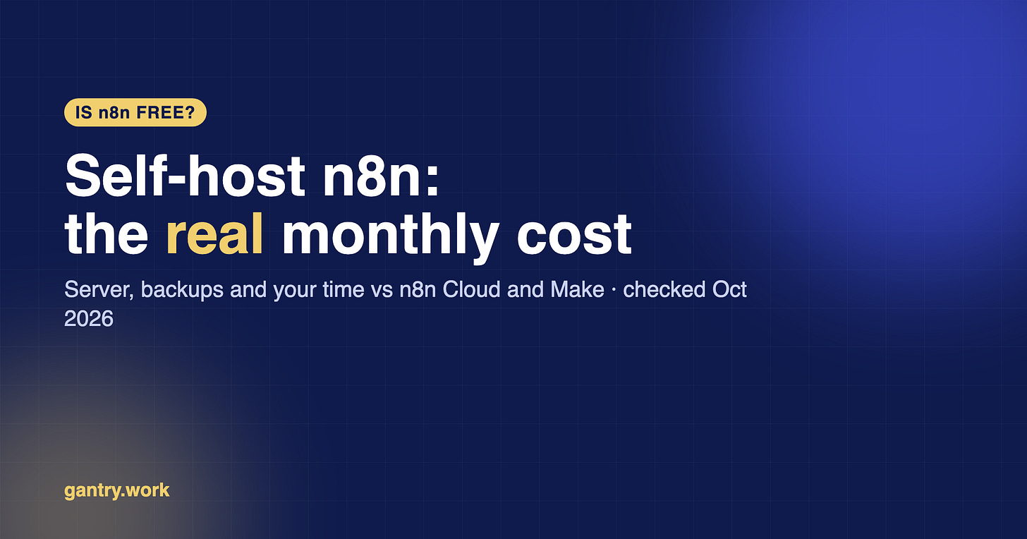 Self-host n8n: the real monthly cost, server, backups and your time vs n8n Cloud and Make Self-host n8n: the real monthly cost, server, backups and your time vs n8n Cloud and Make