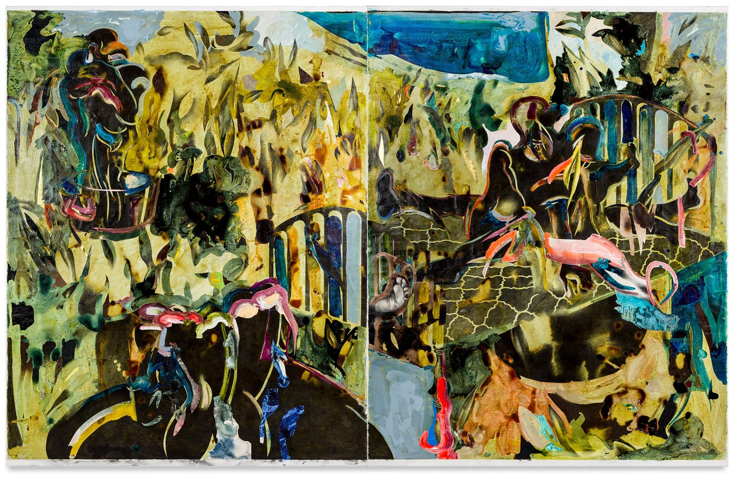 A painting is divided in two equal halves. There are wavy brushstrokes, fluid depictions of black figures, fences, a bed, plants. The main color is a brownish gold, swirled with blue and black and shades of orange.