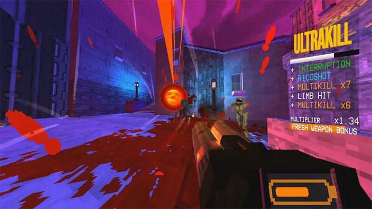 Ultrakill gameplay with pixelated blood and a monster. ULTRAKILL is emblazoned in the top right with bonuses from Interruption, Ricoshot, 7x Multikill, Limb Hit, and 6x Multikill displayed. There’s a 1.34x multiplier and Fresh Weapon Bonus.