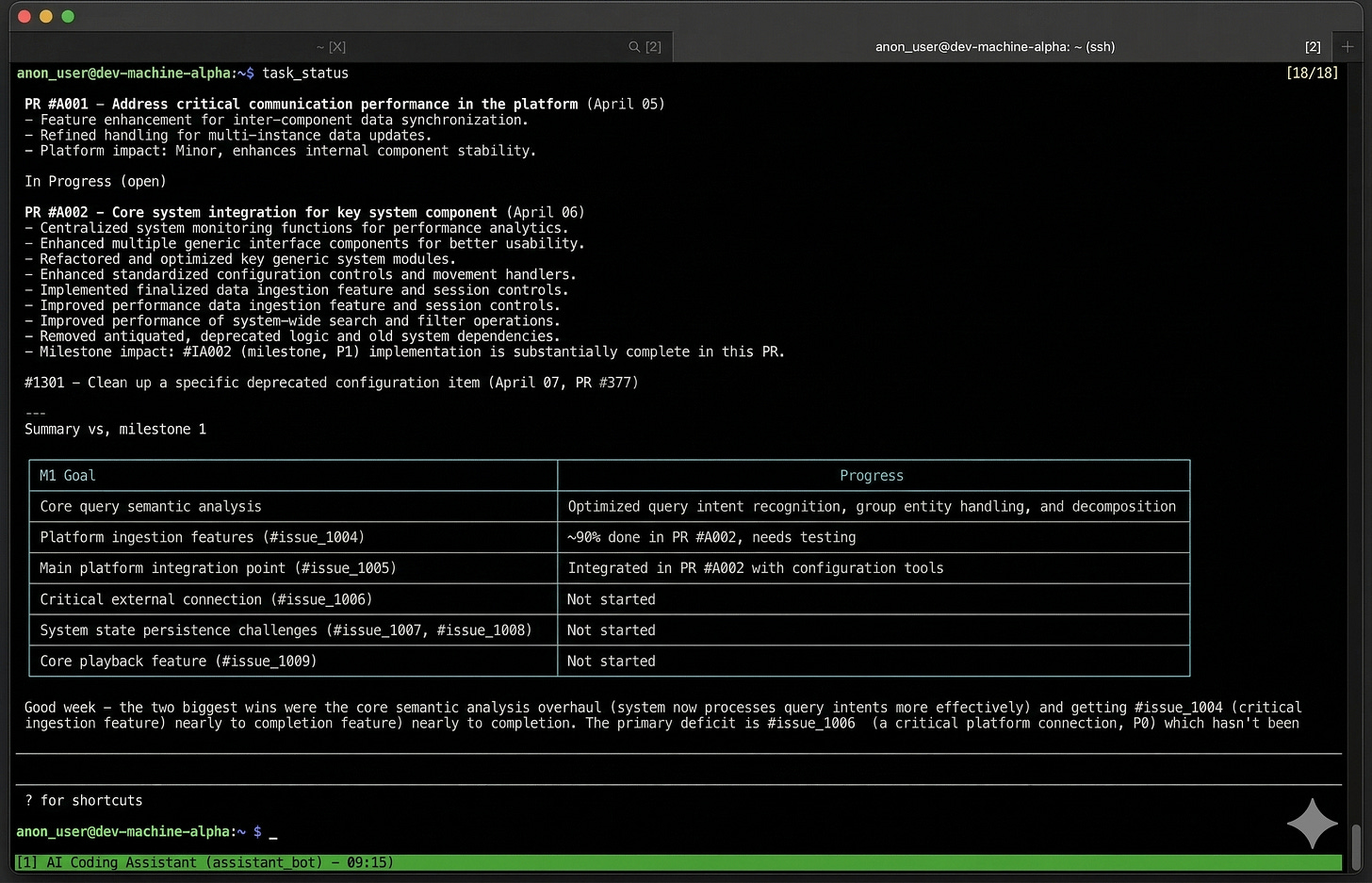 Claude summarizing last week’s work and evaluating progress Claude summarizing last week’s work and evaluating progress