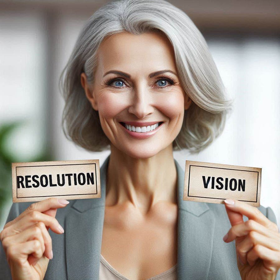 A smiling middle aged woman holding a little sign that says resolution and another little sign in her other hand that says, Vision.
