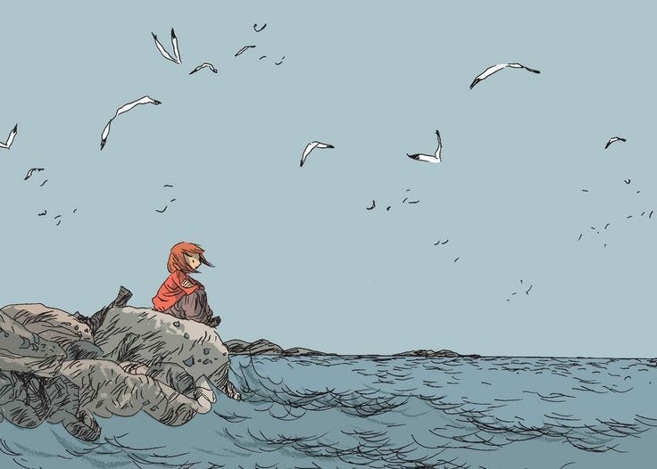 This may contain: a person sitting on top of a rock in the ocean with seagulls flying around