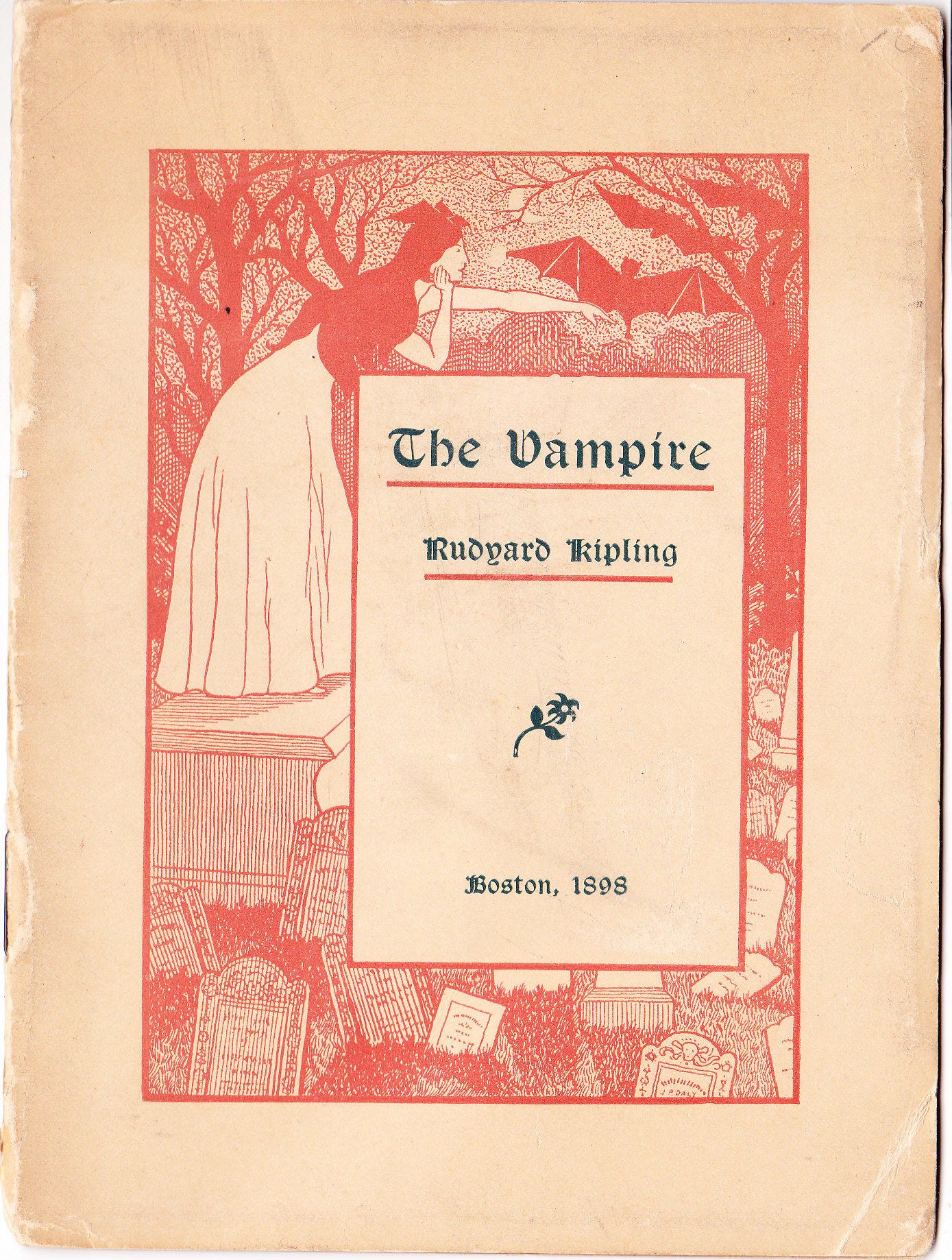 Page from a bound version of the Kipling poem “The Vampire” features an illustration of a woman in a forest with a bat perched on her hand. Several more flit around among the trees. CAPTION READS: The Vampire / Rudyard Kipling / Boston, 1898
