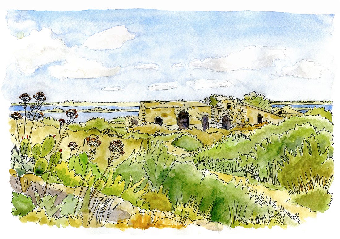 Black liner pen and watercolor illustration of the Trigona, a sixth-century AD Byzantine monument inside the Cittadella dei Maccari archaeological area at Vendicari, Sicily. Black liner pen and watercolor illustration of the Trigona, a sixth-century AD Byzantine monument inside the Cittadella dei Maccari archaeological area at Vendicari, Sicily.