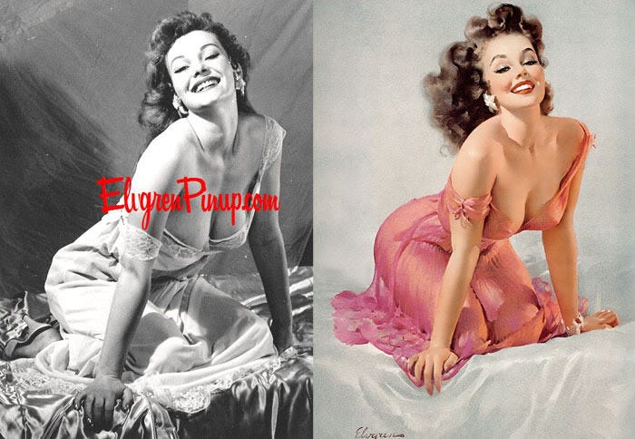 Witness the magic of Gil Elvgren's brush: a real woman's photograph transforms into a classic pin-up, a testament to his iconic style. Witness the magic of Gil Elvgren's brush: a real woman's photograph transforms into a classic pin-up, a testament to his iconic style.