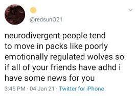 Vellum and Vinyl - Twitter user @redsun021: neurodivergent people tend to move in packs like poorly emotionally regulated wolves so if all of your friends have adhd i have some news for Vellum and Vinyl - Twitter user @redsun021: neurodivergent people tend to move in packs like poorly emotionally regulated wolves so if all of your friends have adhd i have some news for