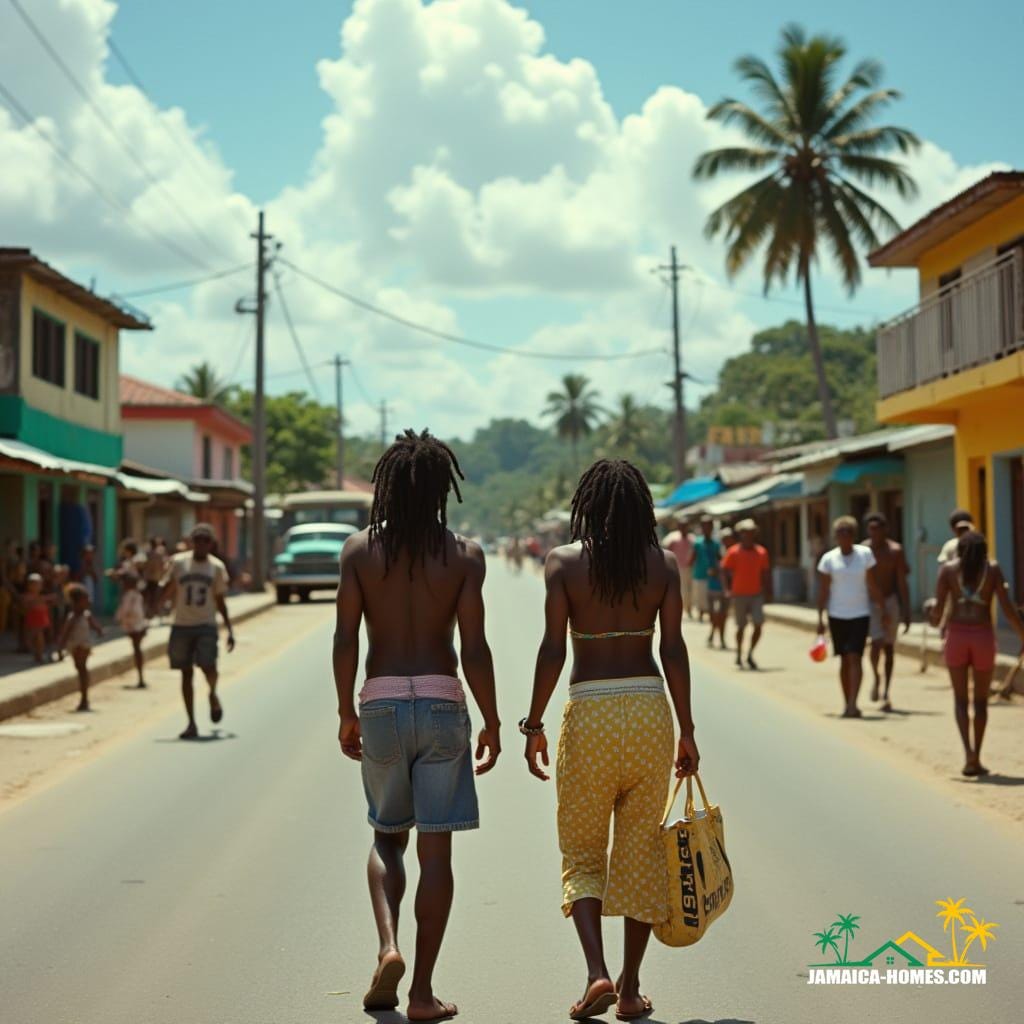 Jamaican man with dreadlocks and woman walking on a lively street
