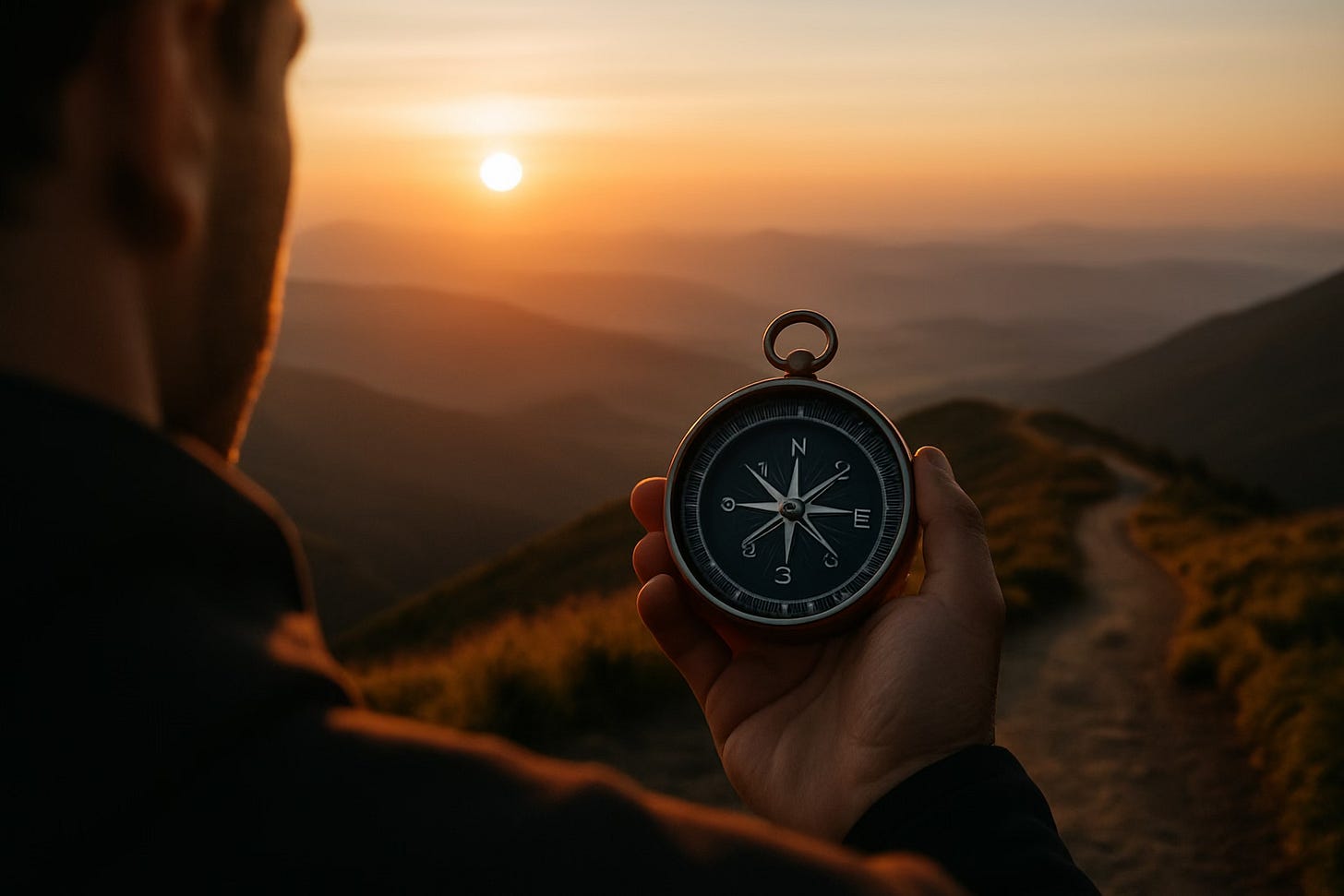 A person stands on a mountain trail at sunrise, holding a compass in their hand. The warm morning light symbolizes clarity, purpose, and direction over speed.