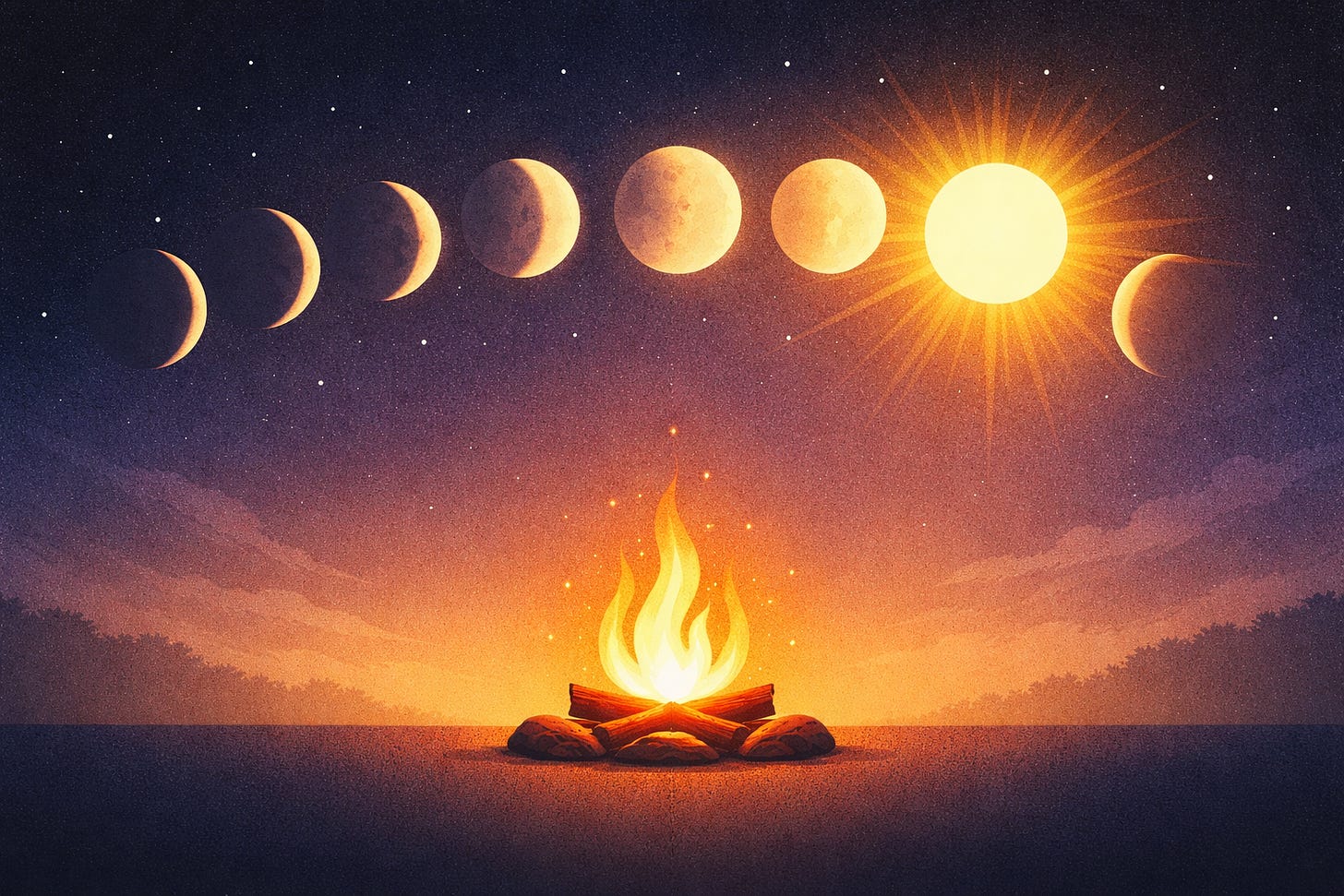 A wide illustration of moon phases arcing across a starry night sky and transitioning into a bright sun on the right, with a small campfire glowing below on a dark horizon under a blue-to-gold gradient sky.