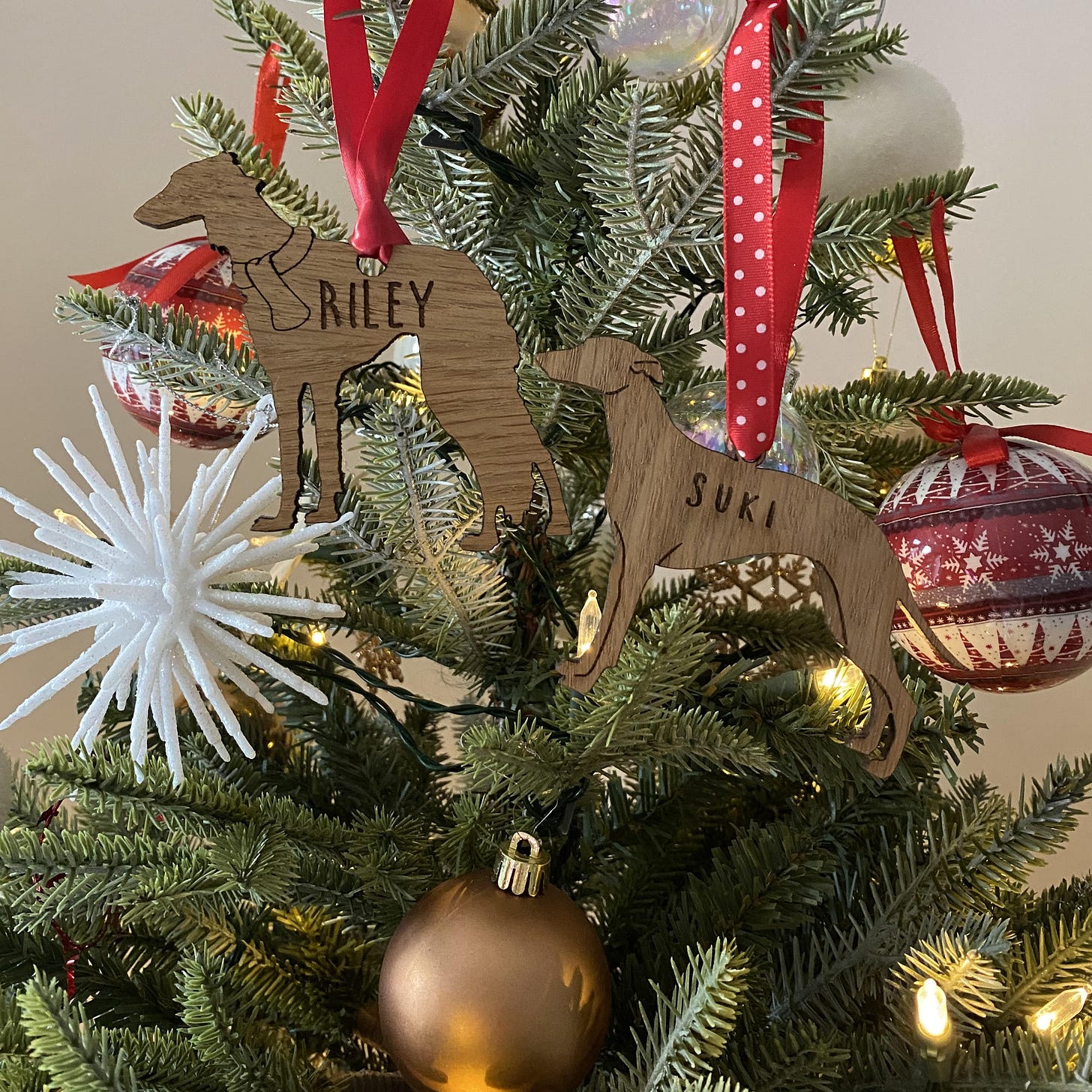 Close up of a decorated Christmas tree with two wooden dog decorations, one saying Suki and one saying Riley