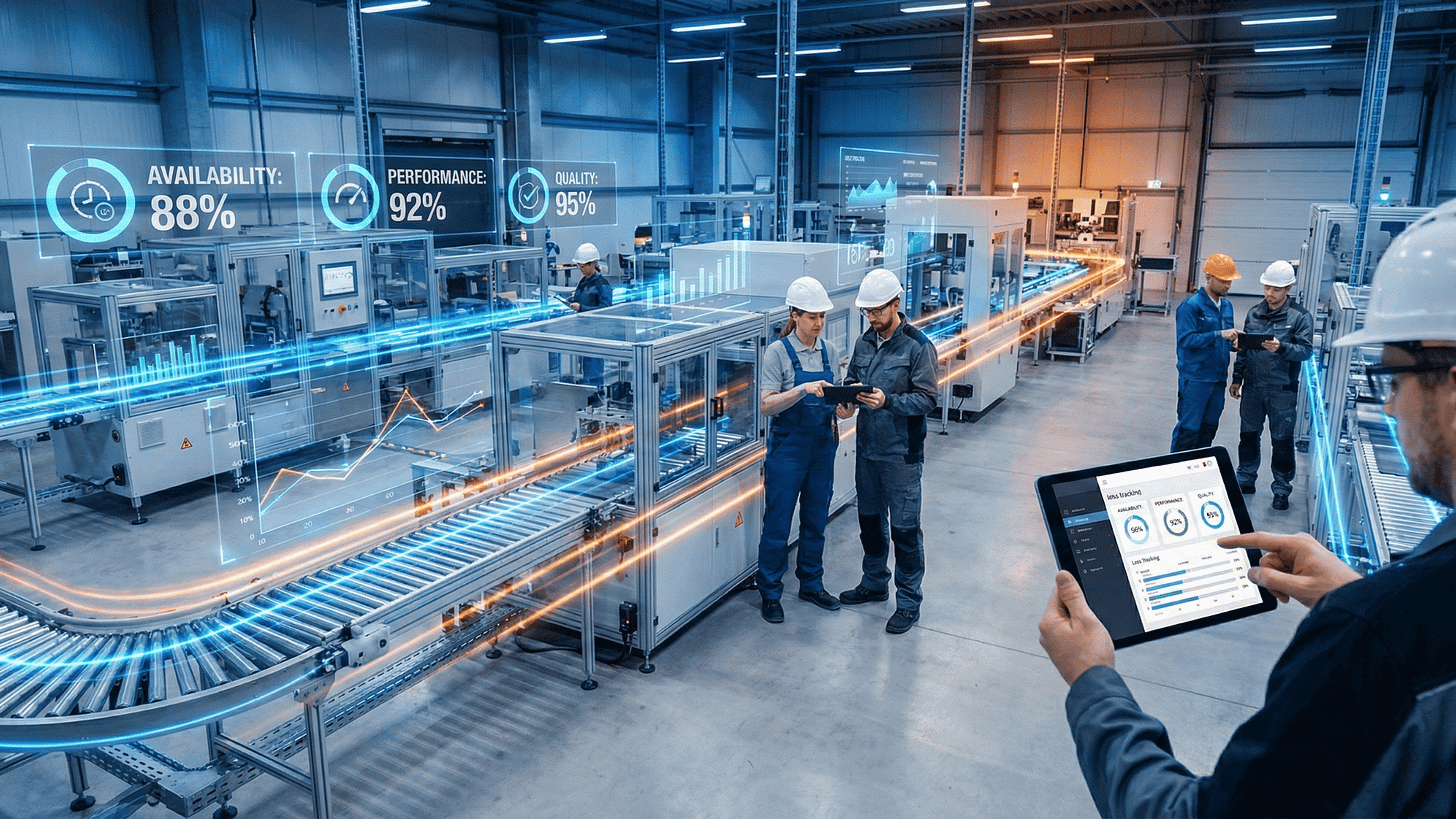 Manufacturing workers review real-time operational data on tablets while digital overlays display efficiency metrics across the production floor