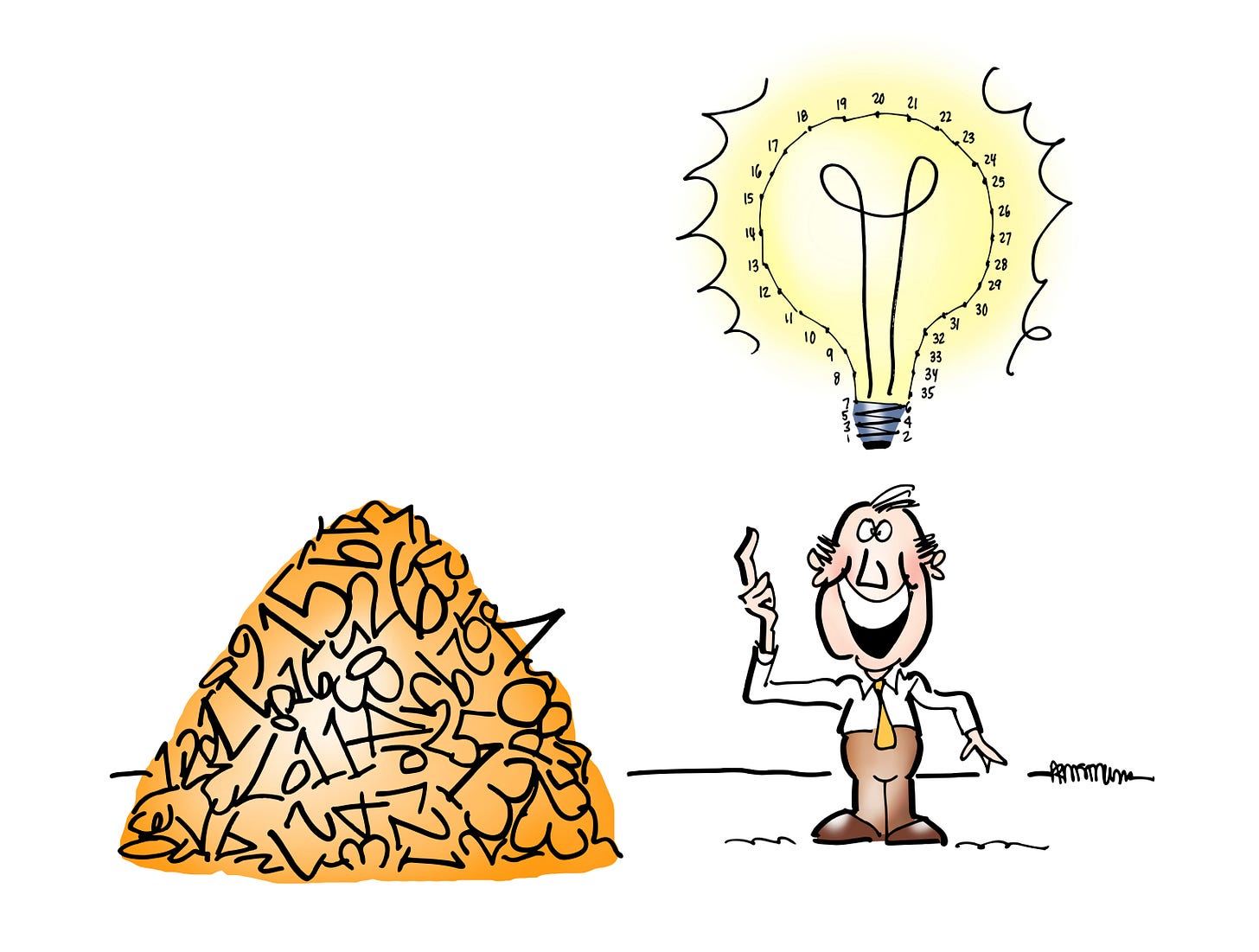 Cartoon illustration by Mark Armstrong. Little guy standing next to a pile of numbers. He's holding up a finger. He's got an idea. There's a lightbulb above his head formatted like a connect-the-dots game.