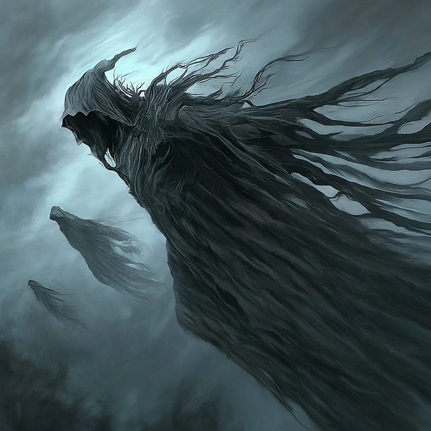 Dementors from the Harry Potter franchise flying in a storm.