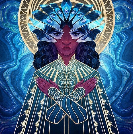 Illustration of a person with an elaborate blue headdress and ornate robe, arms crossed. Vibrant blue and gold patterned background. Illustration of a person with an elaborate blue headdress and ornate robe, arms crossed. Vibrant blue and gold patterned background.