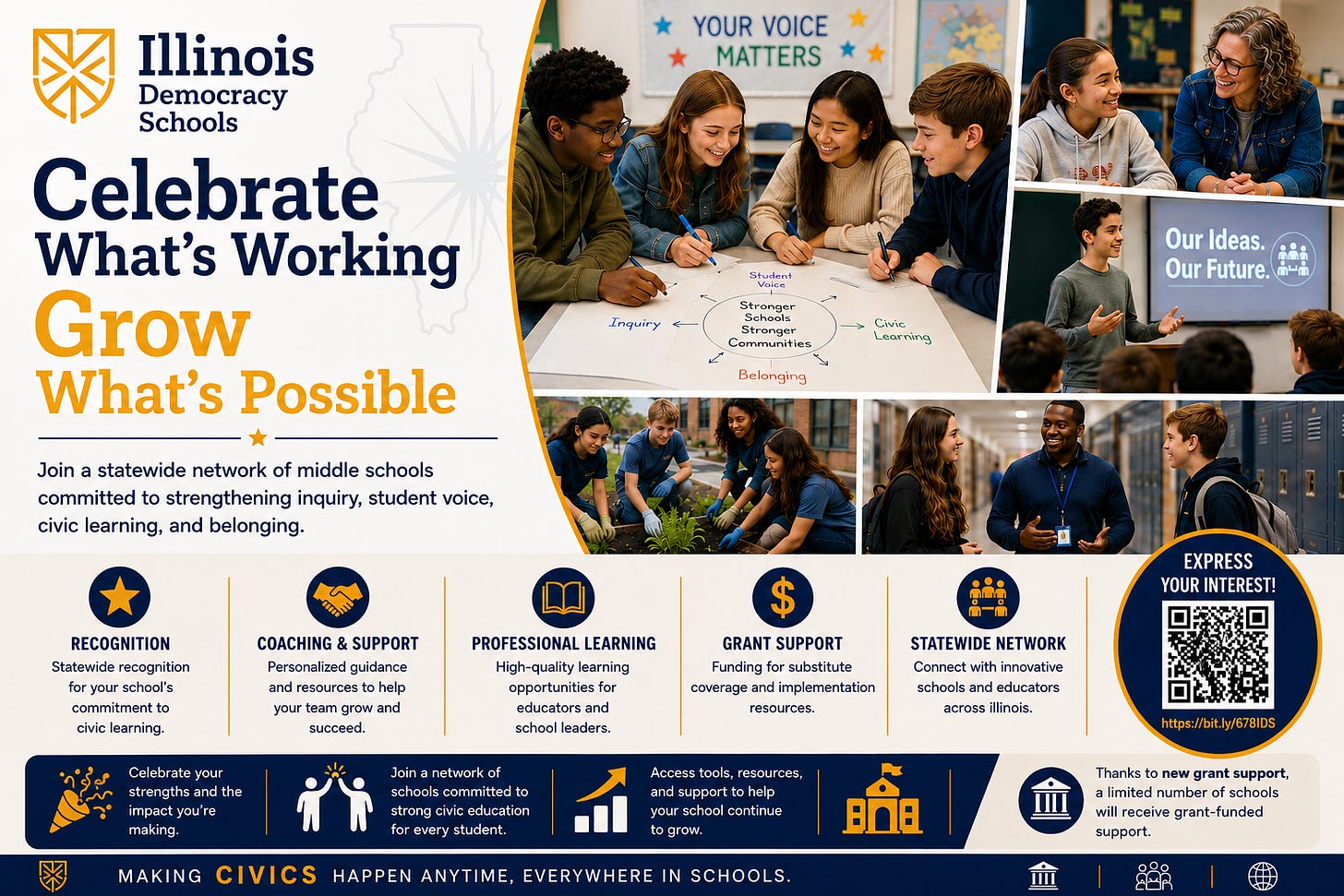 Middle Schools, Illinois Democracy Schools celebrate what’s working and grow what’s possible. Join a statewide network of middle schools committed to strengthening inquiry, student boys, civic learning and belonging recognition statewide recognition for your schools, commitment to civic learning, coaching and support, personalized guidance and resources to help your team grow and succeed, professional learning high-quality learning opportunities for educators and school leaders grant support funding for substitute coverage and implementation resources, statewide network connect and innovate schools and educators across Illinois celebrate your strengths and the impact you’re making. Thanks to a new grant support. A limited number of schools will receive grant-funded support. Access the QR code or Bit.ly to express your interest or the registration code. 
