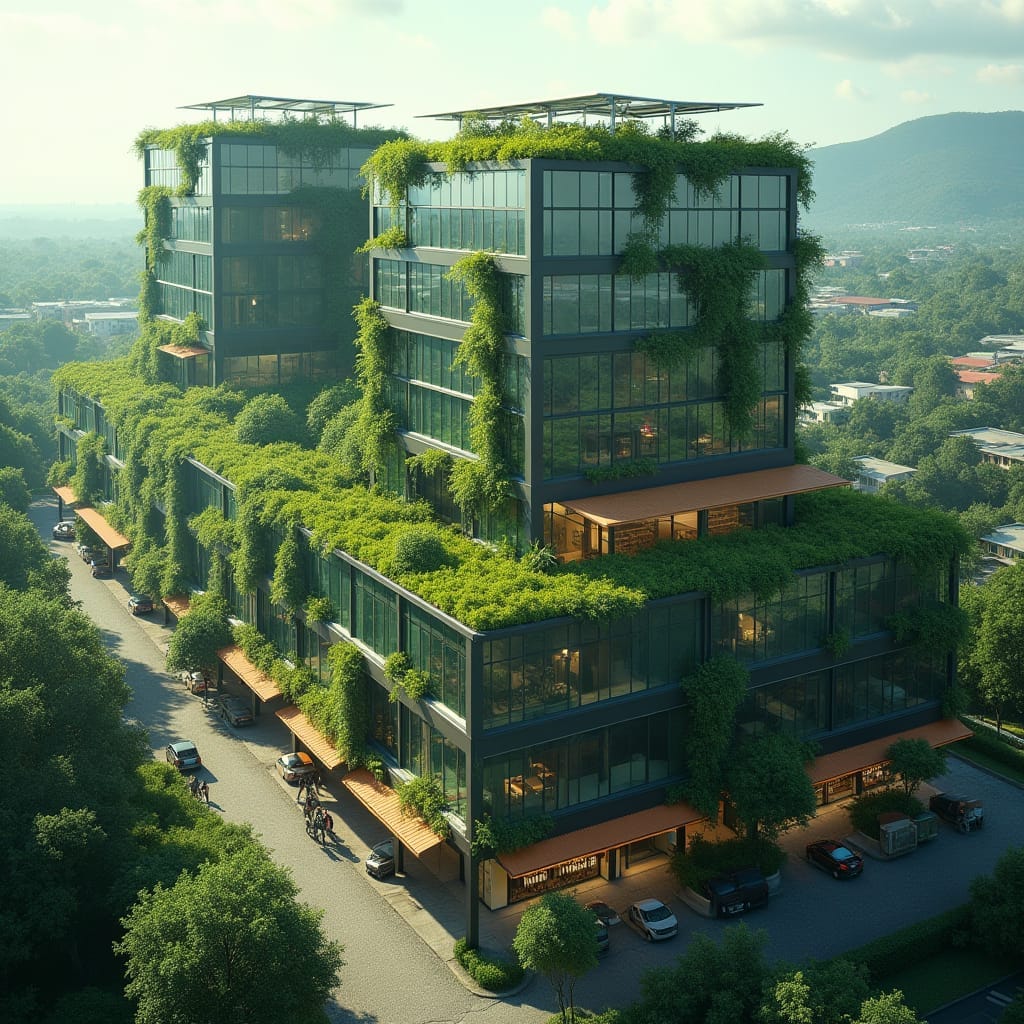Modern Green sustainable block of buildings in jamaica, green roof, water harvesting, lots of glass. solar planels on roof with shops below