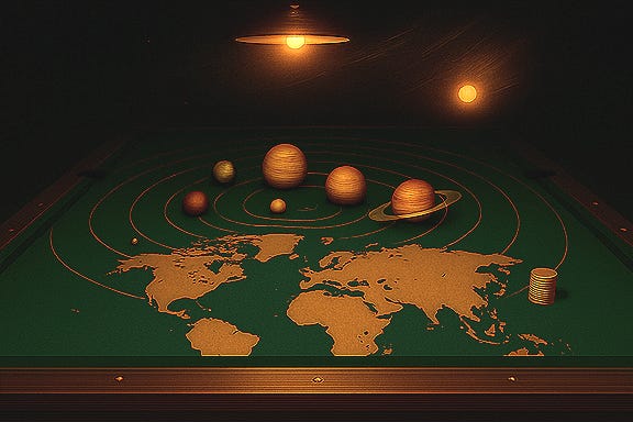 Create a symbolic image of a pool table completely covered by a deflated map of the Earth, with the North Pole positioned at the center of the table. The table surface resembles a ritual map. The planets orbit above the table. The room is dark except for the illuminated table, with constellations flickering in the surrounding void. Style: mythic, surreal, symbolic.