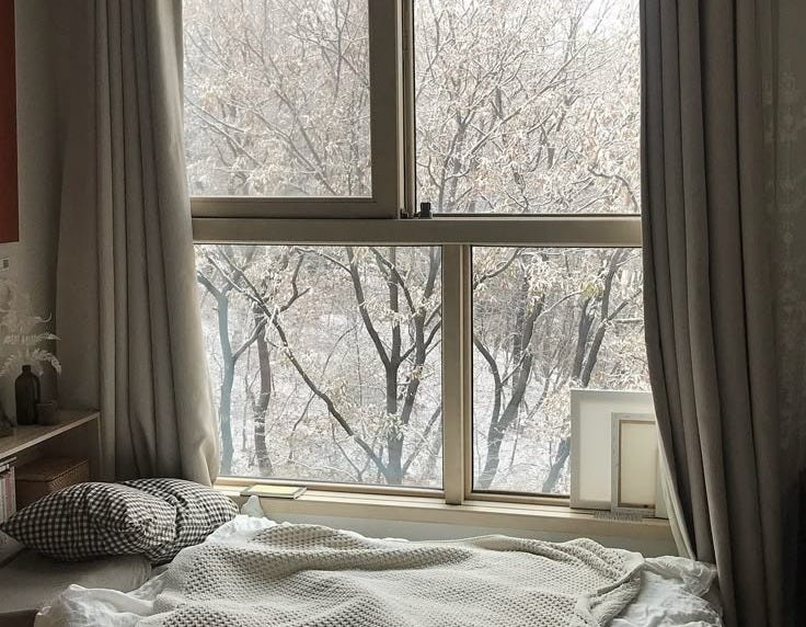 This may contain: an unmade bed sitting in front of a large window with trees outside the window