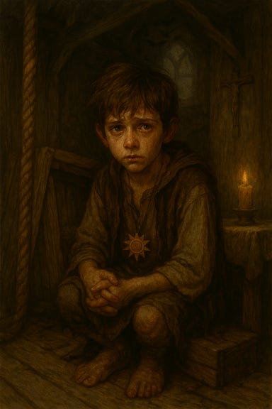 Create an image of Yeska hiding in the bell tower