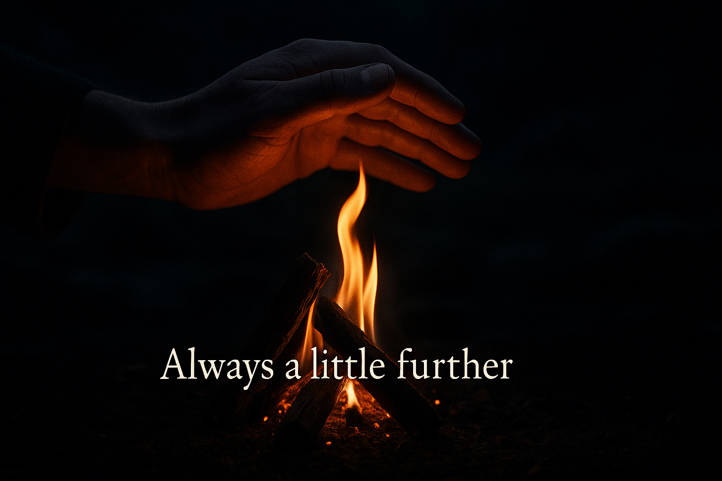 A hand shelters a small campfire flame from the wind.