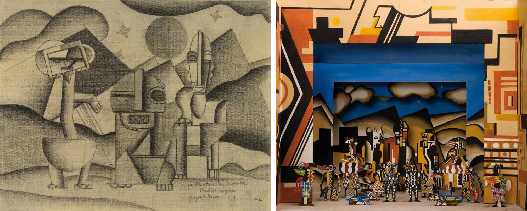 Two images of costume and set designs; at left a pencil drawing of three characters; at right a model set of characters and set pieces executed in a Cubist style