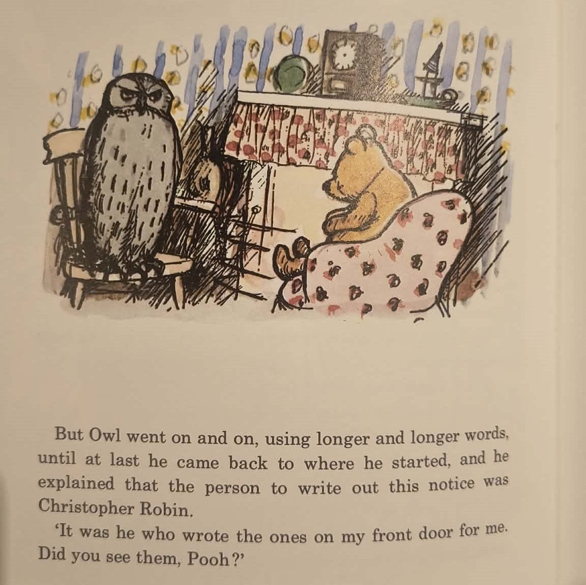 A sketch of an owl on a stool infront of a fire talking to a yellow teddy bear known as winnie the pooh, from the literary series by A A Milne with a passage describing owl going on and on taking and confusing the bear by being overconvaluted